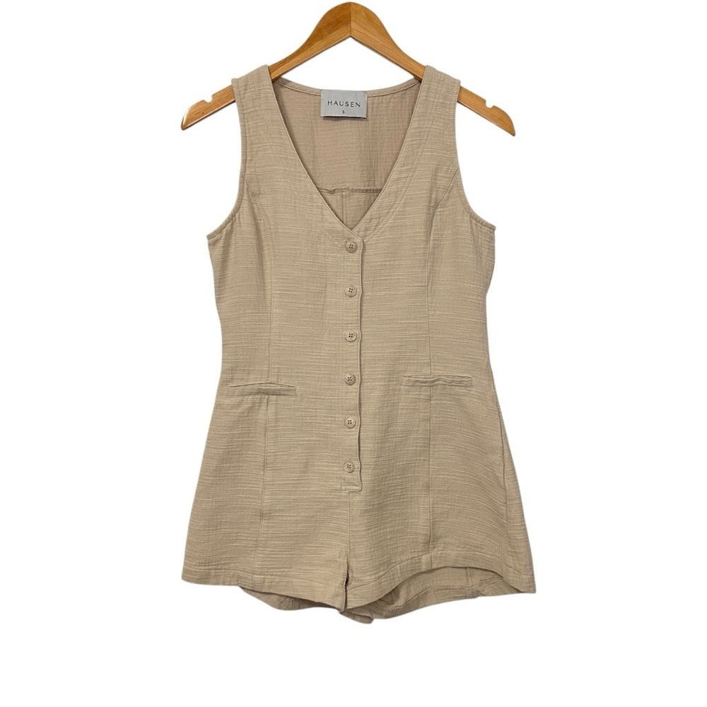 Hausen Womens Sleeveless Romper Size Small Beige Button Front V Neck